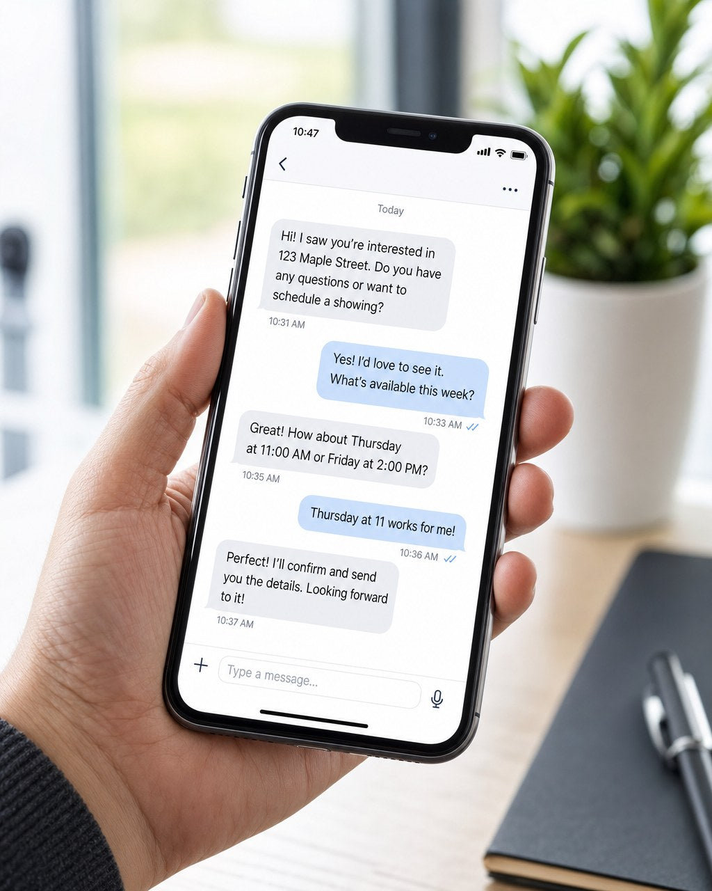 A phone showing an AI-assisted text conversation with a lead