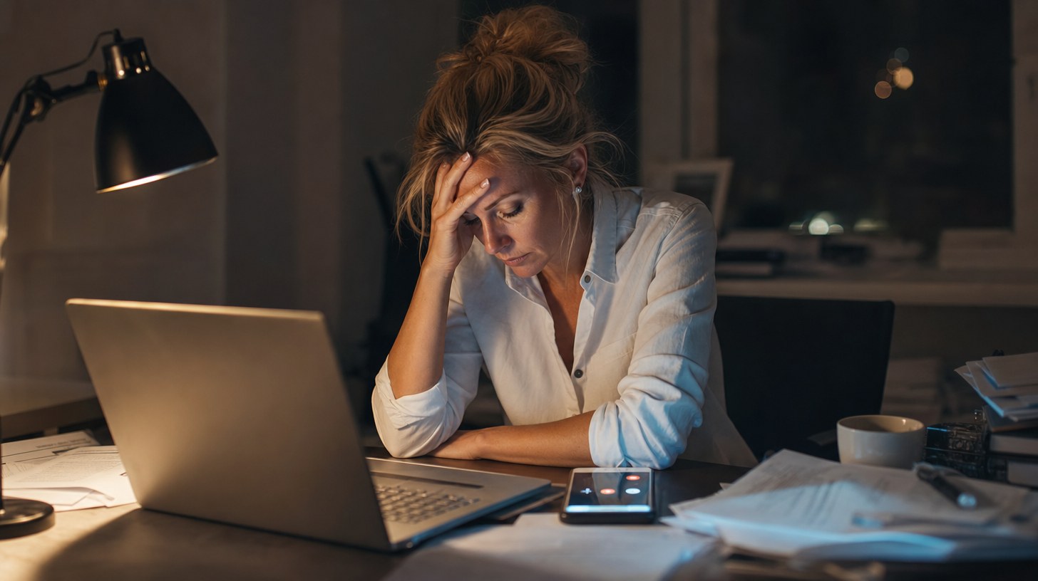 A real estate agent working late at night, overwhelmed with paperwork
